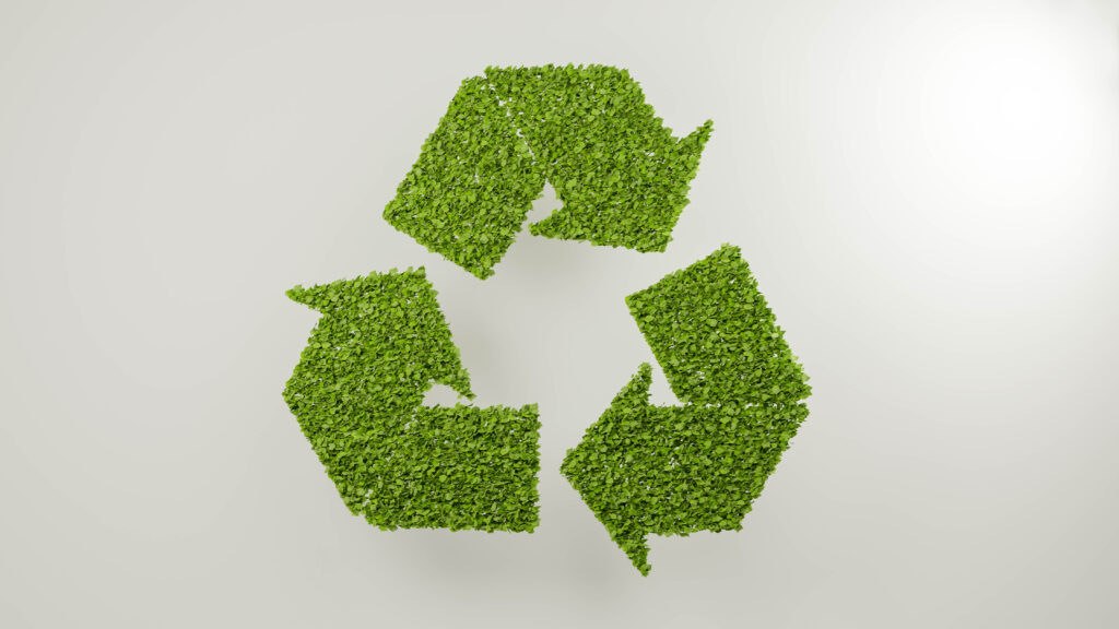 GERİ DÖNÜŞÜM 1 3d rendering leaves forming recycle symbol green nature environment recycling abstract illustration background concept biodegradable plastic free package sign